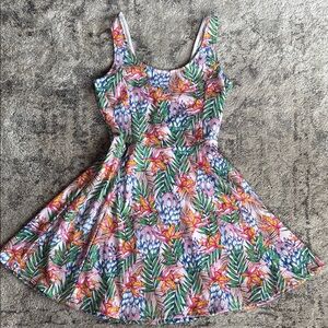 Tropical Floral Fit-and-Flare Dress in Pink, Green & Blue